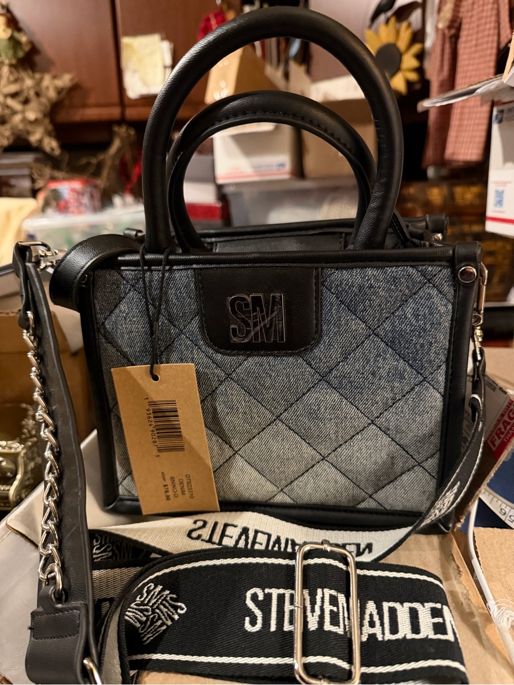 Steve Madden Denim Quilted Convertible Crossbody Satchel Blue Black Bag New